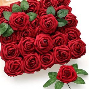 50Pcs Red Roses Artificial Flowers, Dark Red Fake Real Looking Foam Rose Wedding